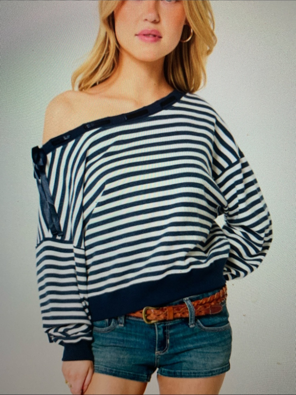 Striped Off-Shoulder Navy and White Sweater with Ribbon Detail